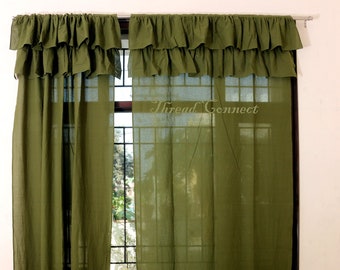 Moss Green Ruffle Linen Curtain, Semi-Sheer Panel