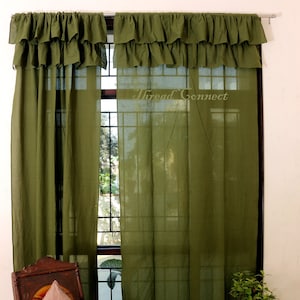 Moss Green Semi-Sheer Ruffle Linen Curtain, Emerald Green Pure Linen Drapes
