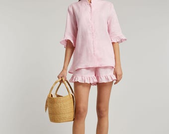 100% Linen Ruffle Bridesmaid Pajama Set, Blush Pink