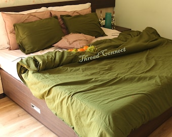 Moss Green Stonewashed Cotton Duvet Cover Set, Earthy Boho Bedding