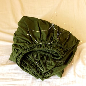 Moss Green Pure Linen Fitted Sheet, Olive Green Stonewashed Flax Linen Fitted Sheet