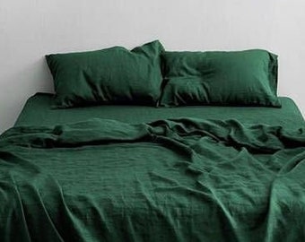 Moss Green ,Pure Linen-Cotton Mix,3Pcs-Duvet/4Pcs-Sheet Set 