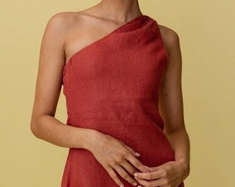 Red One Shoulder Linen Dress, Mini Short Linen Dress, Simple Basic Elegant Flax Dress, Custom Linen Dress Gift