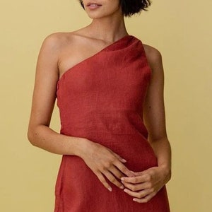 Pink One Shoulder Linen Dress, Mini Short Linen Dress, Simple Basic Elegant Flax Dress, Custom Linen Dress Gift Red