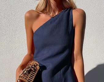Indigo Blue One Shoulder Linen Mini Dress, Elegant Flax