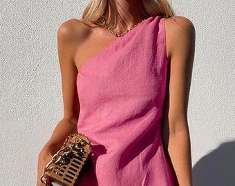 Pink One Shoulder Linen Mini Dress, Elegant Summer Flax