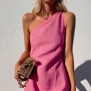 Pink One Shoulder Linen Dress, Mini Short Linen Dress, Simple Basic Elegant Flax Dress, Custom Linen Dress Gift Pink