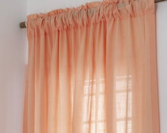 Peach Semi-Sheer Tab Top Linen Curtain, Pastel Salmon Color Pure Linen Window Drapes