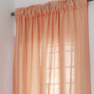 Peach Semi-Sheer Tab Top Linen Curtain, Pastel Salmon Color Pure Linen Window Drapes
