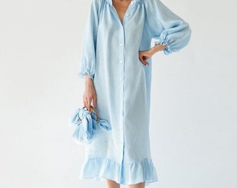 Powder Blue Oversize Linen Dress, Long Sleeve Off Shoulder Dress, Pastel Blue Soft Linen Shirt Dress