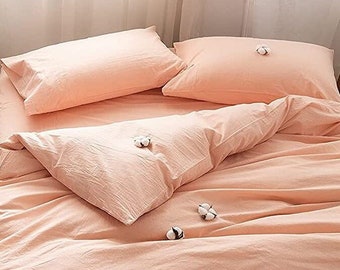 4 Pcs Pure Linen Peach Bedding Set, Peachy Fuzz Linen Fitted Sheet, Natural Linen Flat Sheet and Pillow Cover Set