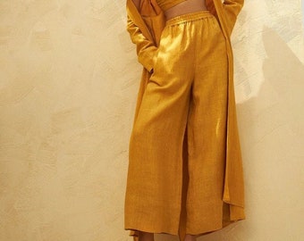 Soft Linen High Rise Linen Pants, Honeycomb Wide Leg linen Pants, Golden Yellow Linen Trousers with Pockets