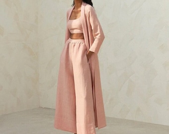 Soft Linen High Rise Linen Pants Wide Leg, Dusty Pink Linen Trousers with Pockets