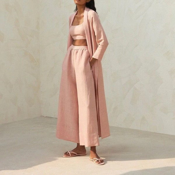 Soft Linen Overlay with High Side Slits, Dusty Pink Linen Boho Kimono Jacket, Linen Long Coat