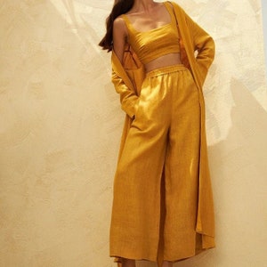 Soft Linen High Rise Linen Pants, Honeycomb Wide Leg linen Pants, Golden Yellow Linen Trousers with Pockets