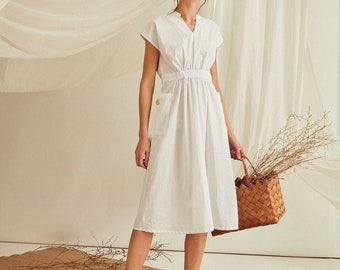 White Linen Dress With Elastic Belt, V Neck Linen Tunic Dress, Linen Midi Dress