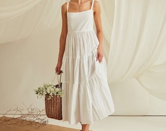 White Linen Maxi Slip Dress, Tiered Pure Linen Sun Dress, Strappy Summer Dress, Beach Vacation Outfit, Cottagecore Dress, Flowy Dress Women