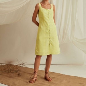 Pastel Yellow Button Down Midi Dress, Light Yellow Linen Summer Dress