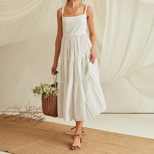 White Linen Maxi Slip Dress, Ruffles Tiered Pure Linen Sun Dress, Boho White Summer Dress