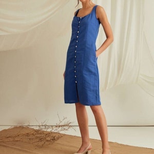 Royal Blue Button Down Midi Dress, Azure Blue Linen Summer Dress