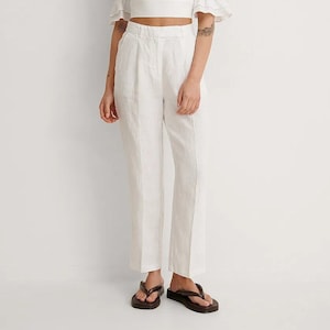 White High Waist Tapered Linen Pants, Ankle Length Linen Trouser Pants