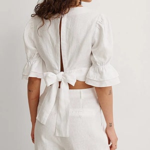 White Linen Back Tie Top, Linen Backless Crop Top with Ruffle Sleeve
