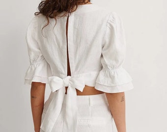 White Linen Back Tie Top, Linen Backless Crop Top con manga ruffle