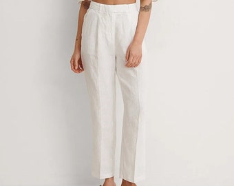 White High Waist Tapered Linen Pants, Ankle Length Linen Trouser Pants