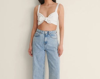 White Linen Front Tie Crop Top, Linen Cami with  Bow Tie