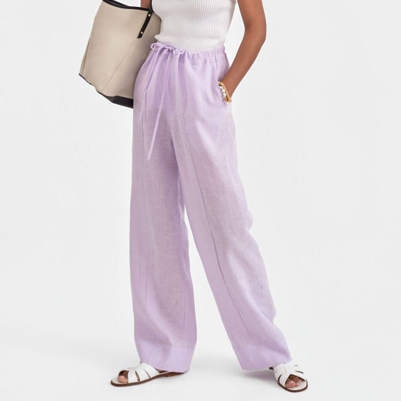Lilac Linen Pants, Lavender Linen Summer Trousers, Woman Sleepwear
