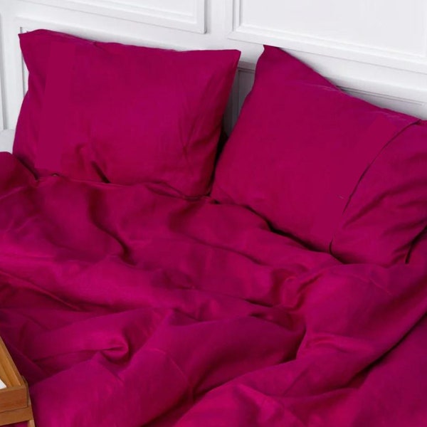 Magenta Pure Linen Flat Sheet, Bright Pink Linen Bedding Set, Fuchsia Soft Linen Bedsheet, Special Occasion Gift