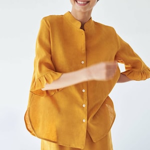 Linen Pajama Set, Golden Yellow Linen Shorts, Mustard Yellow Linen Sleepwear, Ruffle Pajama Suit