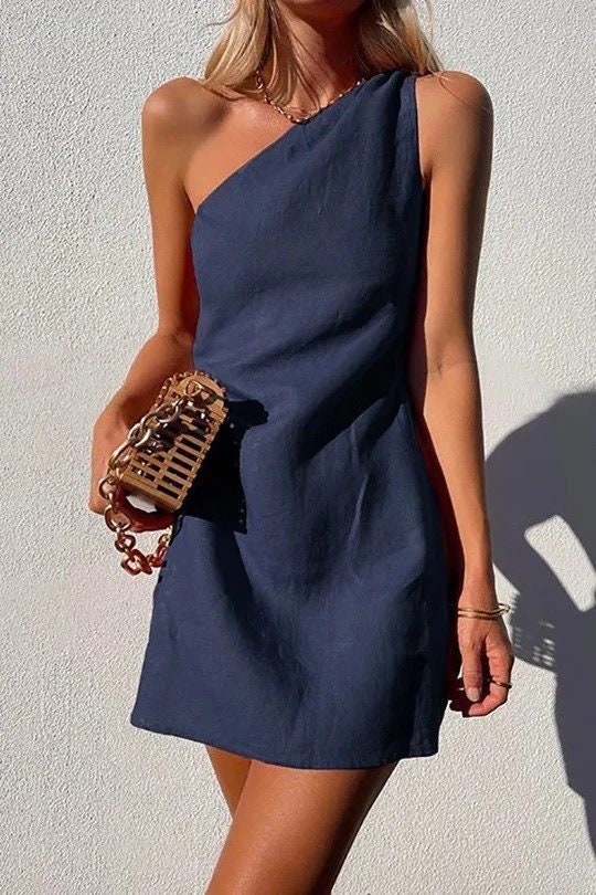 Indigo Blue One Shoulder Linen Dress, Mini Short Linen Dress, Simple Basic  Elegant Flax Dress, Custom Linen Dress Gift - Etsy