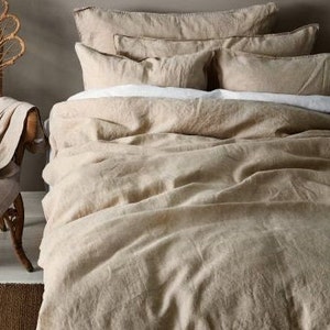 4 Pcs Pure Linen Oatmeal Bedding Set, Beige Linen Fitted Sheet, Natural Linen Flat Sheet and Pillow Cover Set