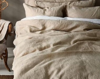 4 Pcs Pure Linen Oatmeal Bedding Set, Beige Linen Fitted Sheet, Natural Linen Flat Sheet and Pillow Cover Set