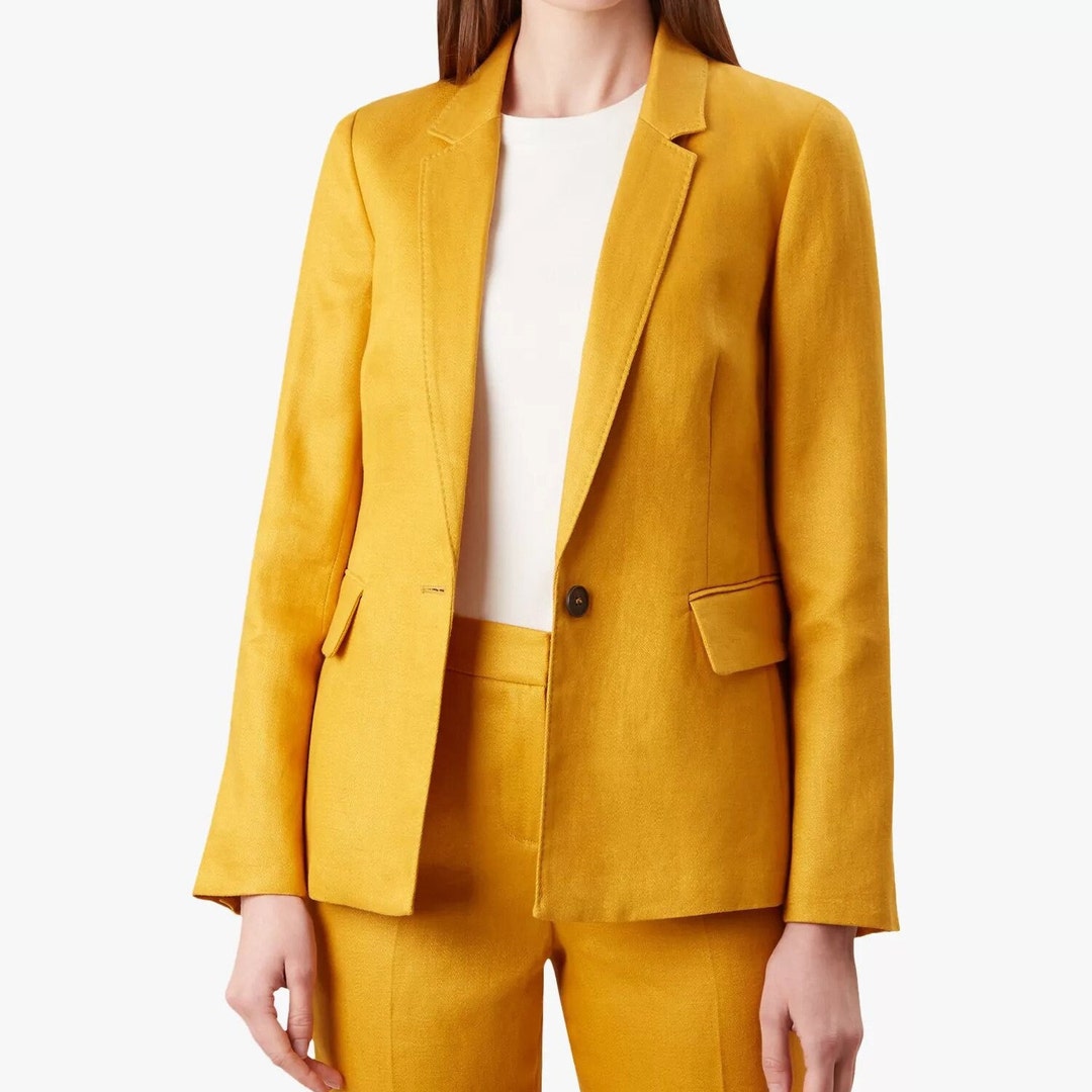 Women Pure Linen Blazer, Golden Yellow Linen Jacket, Linen Coat, Linen