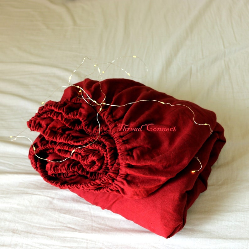 Cherry Red Pure Linen Fitted Sheet, Bright Red Stonewashed Flax Linen Fitted Sheet Cheery Red