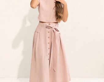 Dusty Pink Linen Crop Top Midi Skirt Set | Summer Resort Wear | Organic Linen Womenwear