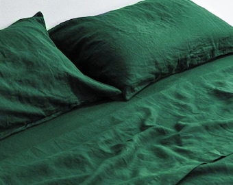 Emerald Green Linen Duvet Cover Set, Flax Linen Bedding with Pillow Shams