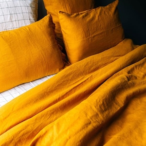 Golden Yellow Pure Linen Flat Sheet, Mustard Yellow Linen Bedding Set, Turmeric Flax Linen Bedsheet