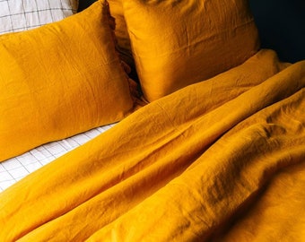 Golden Yellow Pure Linen Flat Sheet, Mustard Yellow Linen Bedding Set, Turmeric Flax Linen Bedsheet