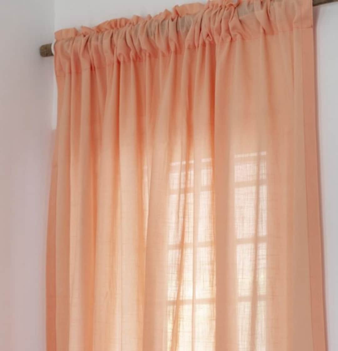 Peach Semi-sheer Tab Top Linen Curtain, Pastel Salmon Color Pure Linen ...