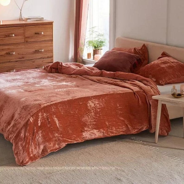 Burnt Orange Crushed Velvet Duvet Cover, Cinnamon Brown Soft Velvet Bedding Set