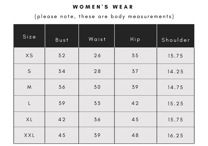 May include: A size chart for women's wear with measurements in inches for bust, waist, hip, and shoulder. The sizes listed are XS, S, M, L, XL, and XXL.