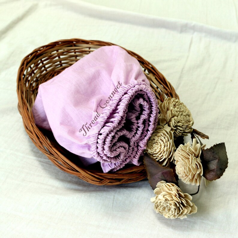 Cherry Red Pure Linen Fitted Sheet, Bright Red Stonewashed Flax Linen Fitted Sheet Lilac