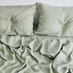 4 Pcs Sage Green Cotton Bedding Set, Matcha Green 1  Flat Sheet + 1 Fitted Sheet + 2 Pillow Covers