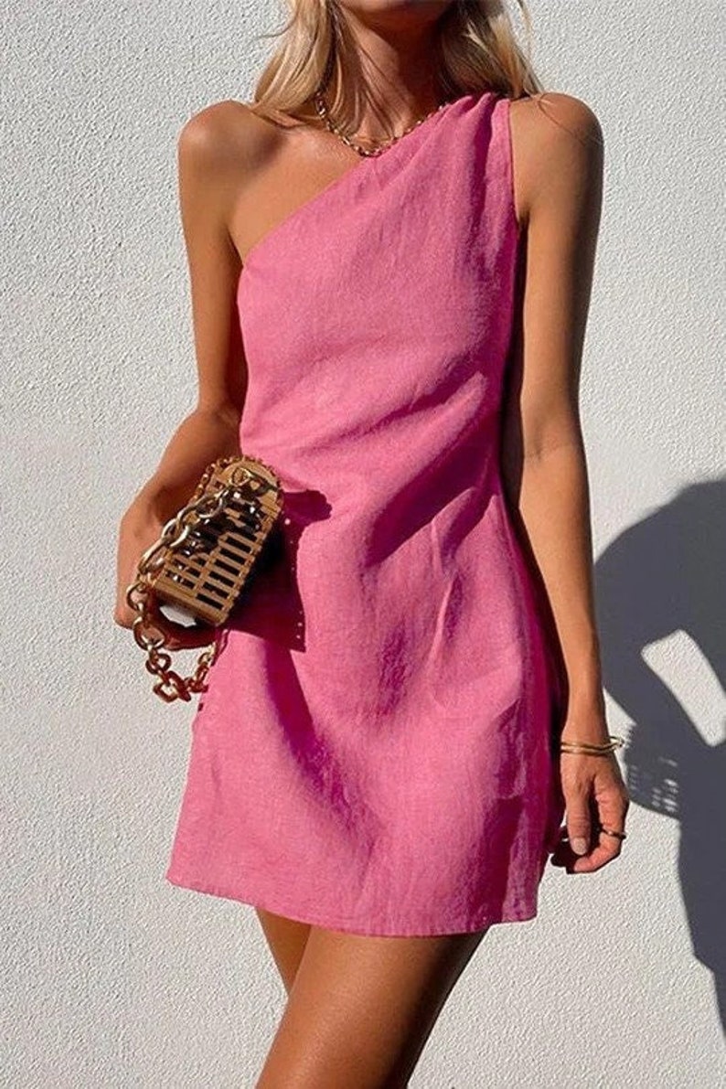 Pink One Shoulder Linen Dress, Mini Short Linen Dress, Simple Basic Elegant Flax Dress, Custom Linen Dress Gift Pink