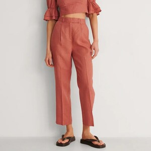 High Waist Tapered Linen Pants, Rust Orange Ankle Length Linen Trouser Pants