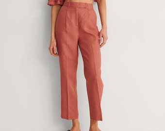 High Waist Tapered Linen Pants, Rust Orange Ankle Length Linen Trouser Pants