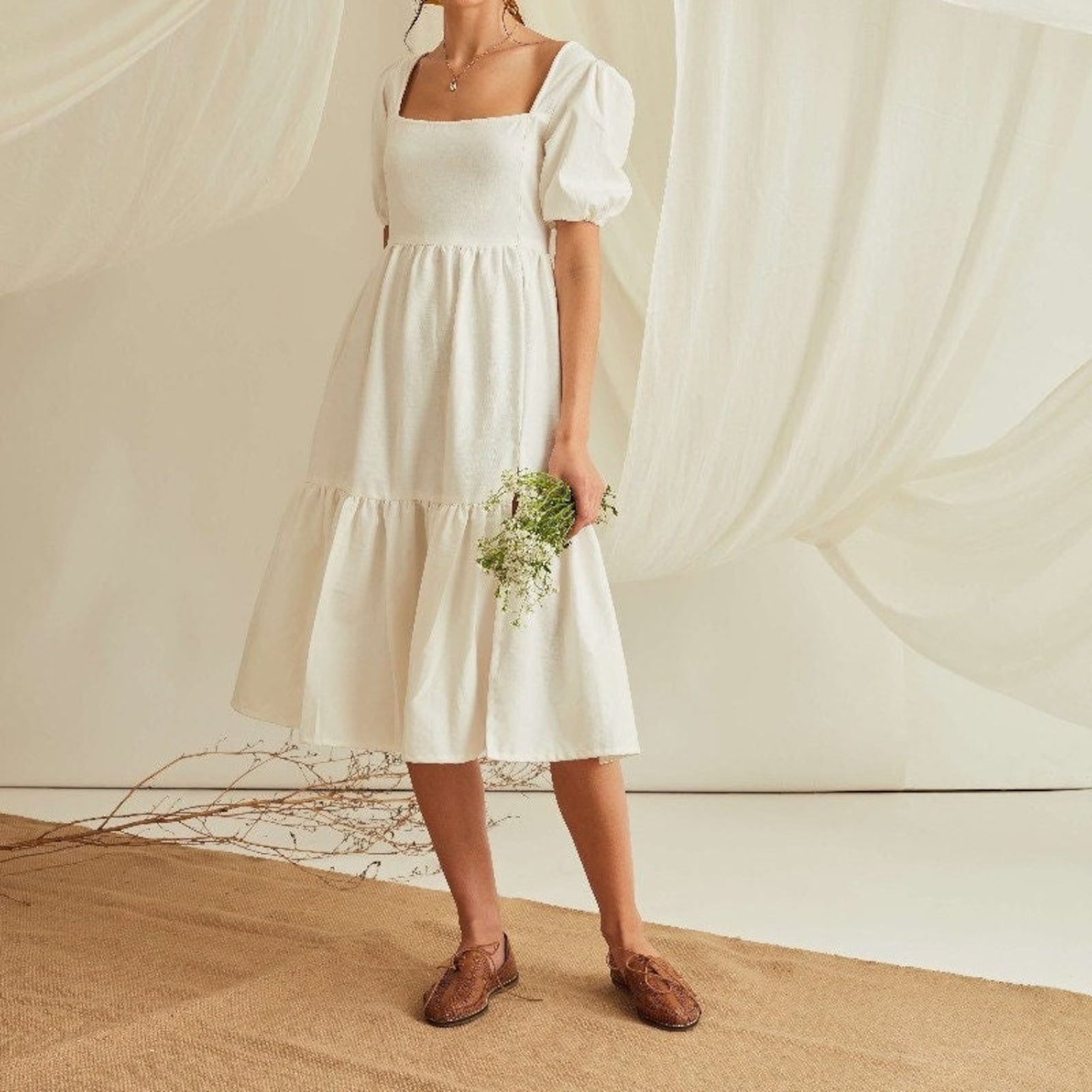 BiBi Washed Linen Tiered Midi Dress with Puff Sleeves